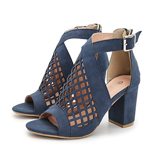 Damen High Heels Sandaletten mit Blockabsatz Peeptoes Fischmaul Stiefeletten mit Reissverschluss und Schnalle Cut Out Elegant Sommer Schuhe,Blau,40 EU von TDHLW