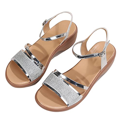 Sommer Sandaletten Damen Keilabsatz Fischmaul Gefrostete Sommerschuhe High Heels Sandals Elegant Strandschuhe Freizeitschuhe Frauen Schuhe,Silber,41 EU von TDHLW