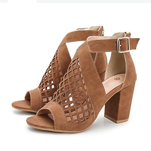 Damen High Heels Sandaletten mit Blockabsatz Peeptoes Fischmaul Stiefeletten mit Reissverschluss und Schnalle Cut Out Elegant Sommer Schuhe,Braun,37 EU von TDHLW