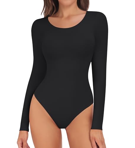 TDIFFUN Damen Langarm U-Ausschnitt Bodys Sexy Tops Doppellagig Hautfreundlich Nackt Gefühl Tops, 1 Stück, Schwarz, M von TDIFFUN