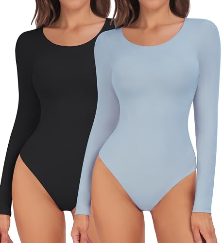 TDIFFUN Damen Langarm U-Ausschnitt Bodys Sexy Tops Doppellagig Hautfreundlich Nackt Gefühl Tops, 2 Stück - Schwarz + Blau, XXL von TDIFFUN