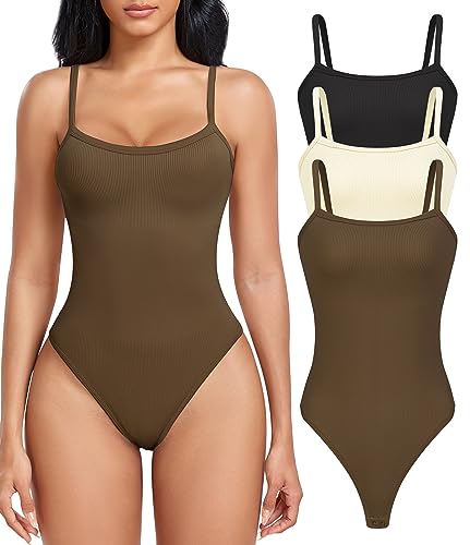 TDIFFUN Damen Shapewear Bodysuit Bauchkontrolle Nahtlos Gerippt Body Shaper Tanga Ärmellos Verstellbarer Spaghettiträger, Schwarz+Beige+Kaffee, M von TDIFFUN