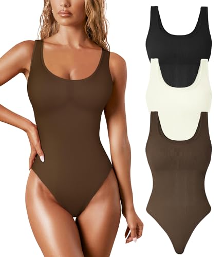 TDIFFUN Damen Shapewear Bodysuit Bauchkontrolle Tanga Body Shaper Nahtlos Gerippt Quadratischer Ausschnitt Jumpsuit T-Rücken, Schwarz+Beige+Braun (U-Ausschnitt), M von TDIFFUN