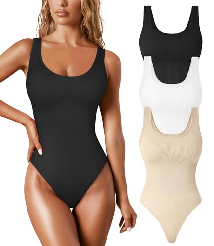 TDIFFUN Damen Shapewear Bodysuit Bauchkontrolle Tanga Body Shaper Nahtlos Gerippt Quadratischer Ausschnitt Jumpsuit T-Rücken, Schwarz+Weiß+Nackt (U Hals), M von TDIFFUN