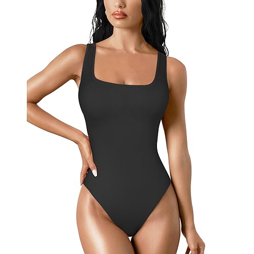 TDIFFUN Damen Shapewear Bodysuit Bauchkontrolle Tanga Body Shaper Nahtlos Gerippt Quadratischer Ausschnitt Jumpsuit T-Rücken, Schwarz, L von TDIFFUN