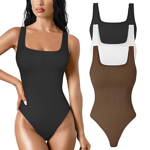 TDIFFUN Damen Shapewear Bodysuit Bauchweg Tanga Body Shaper Nahtlos Gerippt Quadratischer Ausschnitt Jumpsuit T-Rücken, Schwarz+Weiß+Braun, M von TDIFFUN