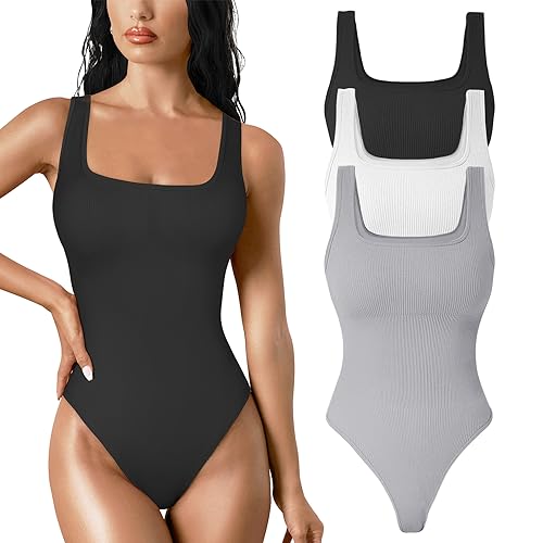 TDIFFUN Damen Shapewear Bodysuit Bauchweg Tanga Body Shaper Nahtlos Gerippt Quadratischer Ausschnitt Jumpsuit T-Rücken, Schwarz+Weiß+Grau, M von TDIFFUN