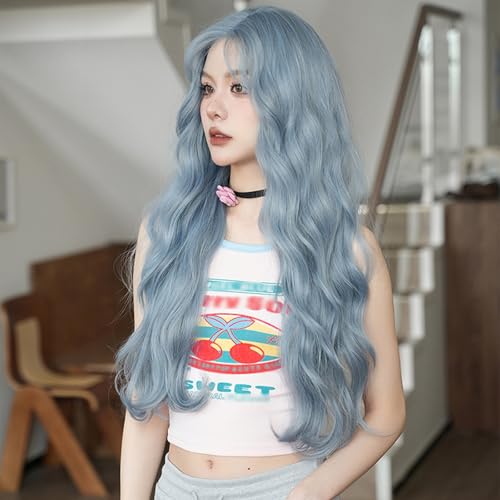Blaue Perücke Für Frauen Lang Gelockt Gewellt Synthetische Halloween Cosplay Tägliche Party Verwendung 28 Zoll von TDJDYQU