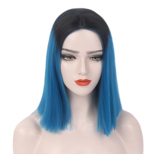 Frauen Ombre Kurzer Bob Perücke Kurzes Gerades Haar Hitzebeständig Für Cosplay Tägliche Party(Blue) von TDJDYQU