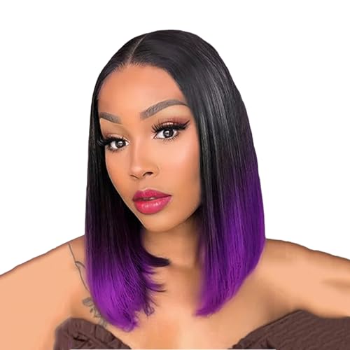 Ombre Lila Kurze Gerade Perücke mit Lace Cap Hitzebeständig Synthetisches Haar für Frauen von TDJDYQU