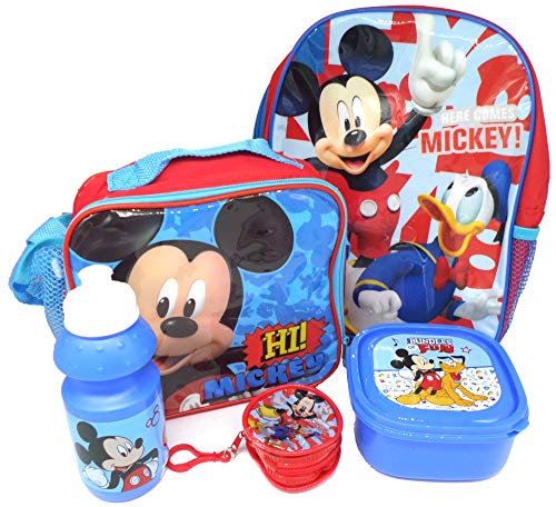 Disney Mickey Mouse Geschenkset Rucksack + Geldbörse + Isoliertasche + Trinkflasche + Pausenbrotdose - Offiziell Lizensiert - Backpack + Coin Purse + Lunch Bag + Sports Bottle Sandwich Box Gift Bundle von TDL