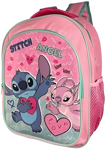 TDL Stitch & Angel Rucksack für Mädchen 37 cm – Offizielle Lilo & Stitch Schultasche – Rosa Kinderrucksack mit Reißverschlusstasche vorne & Netzseite – Verstellbare Träger von TDL