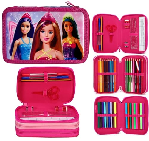 TDL Barbie Gefüllt Federmäppchen Voller Schreibwaren Schule Vorräte Set für Kinder 3 Brett Mit Stifte, Stifte & Markierung Rosa Prinzessin von TDL