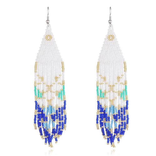 Blaue Reisperlen-Ohrringe Für Damen – Modische Boho-Vintage-Palast-Perlen,Lang,Exquisiter Dreieck-Anhänger,Quaste,Handgefertigt,Zopf,Sommer,Strand,Party,Schmuck,Geschenk,Blau,Einheitsgröße von TDNEKMCA