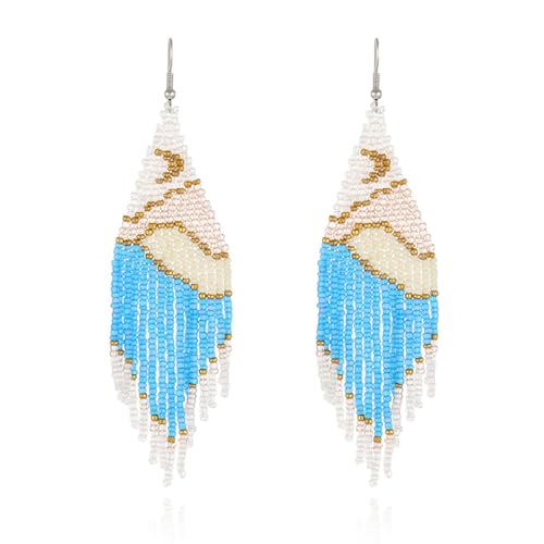 Blaue Reisperlen-Ohrringe Für Damen – Modische Boho-Vintage-Palast-Perlen,Lange Exquisite Mond-Berg-Fluss-Landschaft,Handgefertigtes Geflecht,Sommer-Strand-Party-Schmuck,Geschenk,Blau,Einheitsgröße von TDNEKMCA