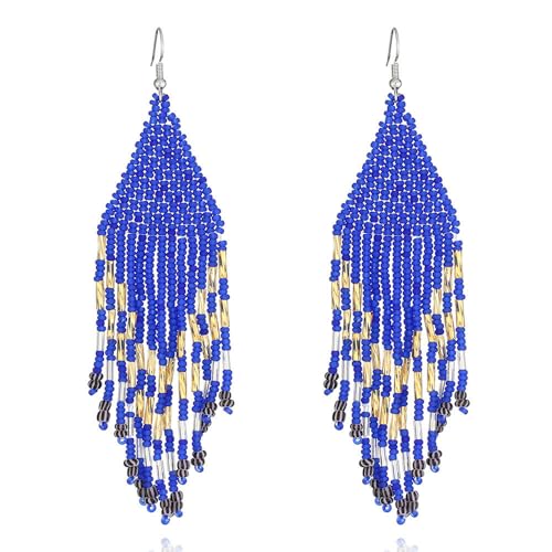 Blaue Reisperlen-Ohrringe Für Damen – Modisches Geometrisches Design,Boho-Vintage-Palast-Perlen,Dreieckiger Anhänger,Lang,Exquisit,Handgefertigt,Geflochten,Sommer-Strand-Party-Schmuck,Geschenk,Blau von TDNEKMCA