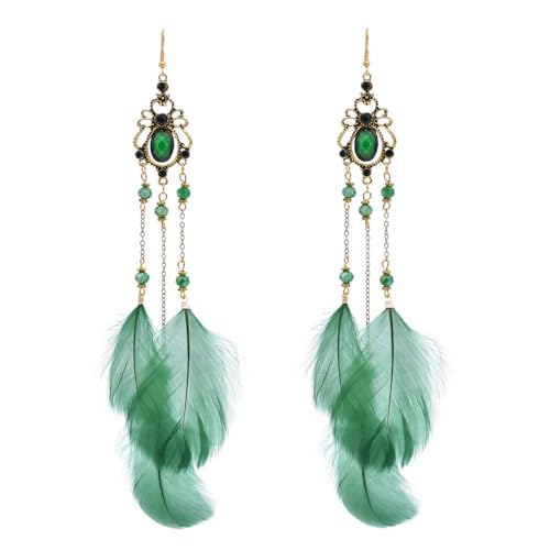 Böhmische Grüne Feder-Ohrringe Für Frauen – Modische,Geometrische,Einzigartige,Handgefertigte Ohrhänger,Flippige Lange Perlen-Quasten-Ohrringe Für Weihnachtsschmuck von TDNEKMCA