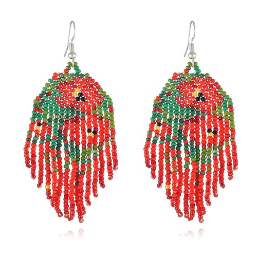 Lange Perlen-Quasten-Ohrringe – Boho-Chic,Geometrischer Ethnischer Anhänger,Rot,Handgefertigt,Kreative Blumen,Quasten-Perlenohrringe,Valentinstagsgeschenke Für Damen Und Mädchen,Muttertags-Weihnac von TDNEKMCA