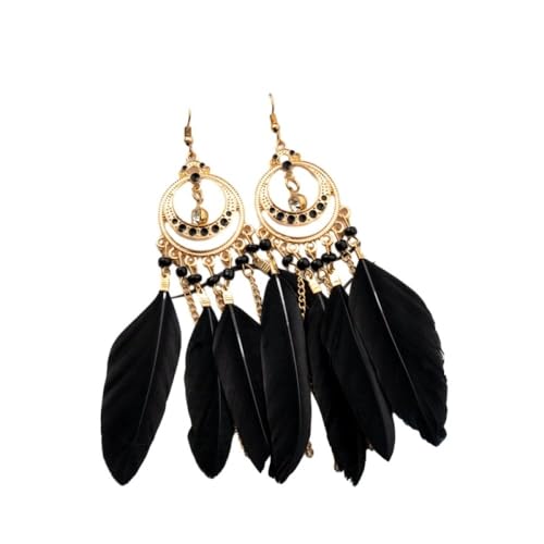 Pfauen-Ohrringe mit Federn für Damen – schwarze Boho-Feder, baumelnder Pfauen-Statement-Ohrstecker, übertriebener Geburtstags-Feiertags-Schmuck, Geschenke, schwarz, Einheitsgröße von TDNEKMCA