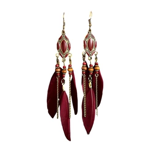 Rote Boho Vintage lange Federkette Quaste baumelnde Ohrringe für Frauen Perlen handgefertigte Emaille Hochzeitsschmuck, rot, Einheitsgröße von TDNEKMCA