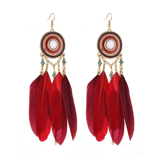 Rote Feder Retro Boho Runde Quaste Lange Ohrringe Für Frauen Winzige Perlen Blätter Charme Mode Emaille Schmuck Hochzeit Ohrringe Bijoux Geschenk,Rot,Einheitsgröße von TDNEKMCA