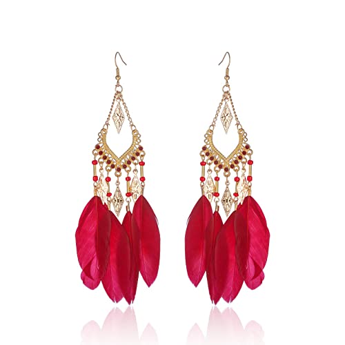 Rote Vintage Böhmische Lange Feder Quaste Tropfen Baumeln Ohrringe Für Frauen Hohle Geometrische Emaille Perlen Handamde Schmuck Ohrring, Rot, Einheitsgröße von TDNEKMCA