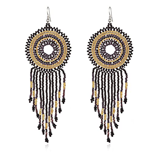 Schwarze Reisperlen-Ohrringe Für Damen,Modisch,Rund,Boho-Vintage-Palast-Perlen,Lang,Exquisit,Handgefertigt,Sommer,Strand,Party,Schmuck,Geschenk,Schwarz,Einheitsgröße von TDNEKMCA