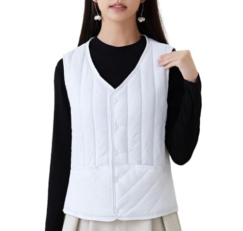 TDNEKMCA Damen-Daunenweste Mit V-Ausschnitt, Weiche Weste Mit Klassischer Passform, Steppweste, Einfarbig, Leichte Knöpfe, Verstaubare Jacke, Winterweste Mit Taschen, Weiß, Xl von TDNEKMCA