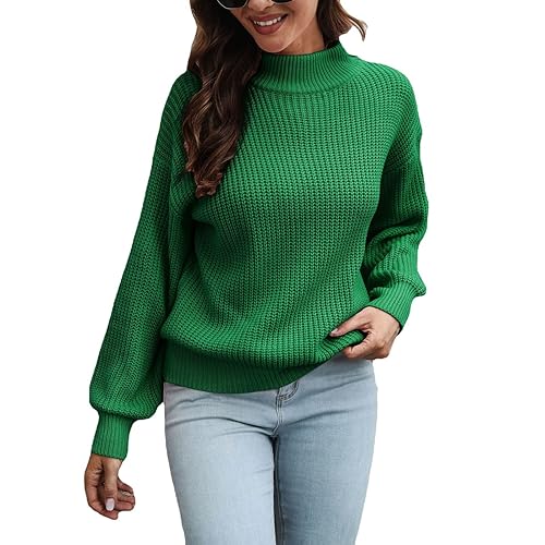 TDNEKMCA Damen-Pullover, Stehkragen, Lange Ärmel, Lockere Strickpullover, Einfarbiges Pullover-Sweatshirt Mit Normaler Passform, Warme Baggy-Strickwaren Für Damen Im Herbst Und Winter, Grün, M von TDNEKMCA