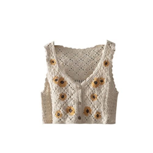 TDNEKMCA Süßer Damen-Cardigan Aus Baumwolle – Sommer-Hohl-Aprikosen-Stickerei,Ärmellose V-Ausschnitt-Knöpfe Vorne,Crop-Tops,Süßer Strand-Häkel-Boho-Stil,Aprikose,Einheitsgröße von TDNEKMCA