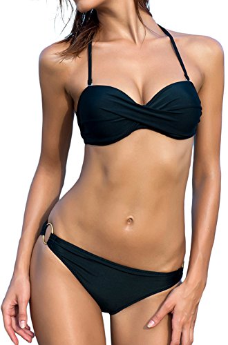 EUDOLAH Damen Bandeau Padded Bikini-Set Trägerlosen Badeanzug Push Up (L, schwarz 3) von EUDOLAH