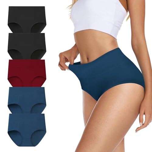 TDONE Unterhosen Damen Hohe Taille Stretch Baumwolle Atmungsaktives Hipster Weich Panties Bauchweg Unterwäsche Slips für Frauen 5er Pack von TDONE