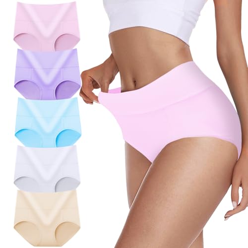 TDONE Unterhosen Damen Hohe Taille Stretch Baumwolle Atmungsaktives Hipster Weich Panties Bauchweg Unterwäsche Slips für Frauen 5er Pack von TDONE