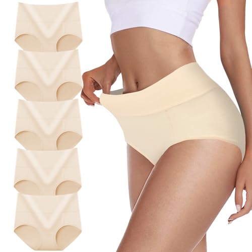 TDONE Unterhosen Damen Hohe Taille Stretch Baumwolle Atmungsaktives Hipster Weich Panties Bauchweg Unterwäsche Slips für Frauen 5er Pack von TDONE