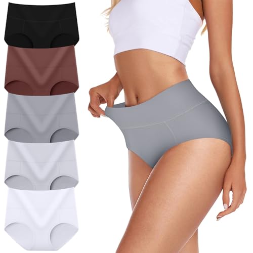 TDONE Unterhosen Damen Hohe Taille Stretch Baumwolle Atmungsaktives Hipster Weich Panties Bauchweg Unterwäsche Slips für Frauen 5er Pack von TDONE