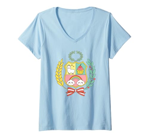 Damen Süßer Escudo Lama Cupcake Regenbogen Pastell Kawaii Stil Peru T-Shirt mit V-Ausschnitt Damen Süßer Escudo Lama Cupcake Regenbogen Pastell Kawaii Stil Peru T-Shirt mit V-Ausschnitt von TE AMO PERU Kids Store