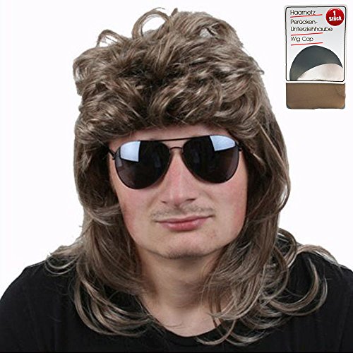TE-Trend Vokuhila Perücke mit Unterziehhaube dunkelbond - Männerperücke 80er Look Mottoparty - Faschingsperücke - Mullet Haarteil als ultimatives Party-Highlight - Herrenperücke 80er Jahre Stil von TE-Trend