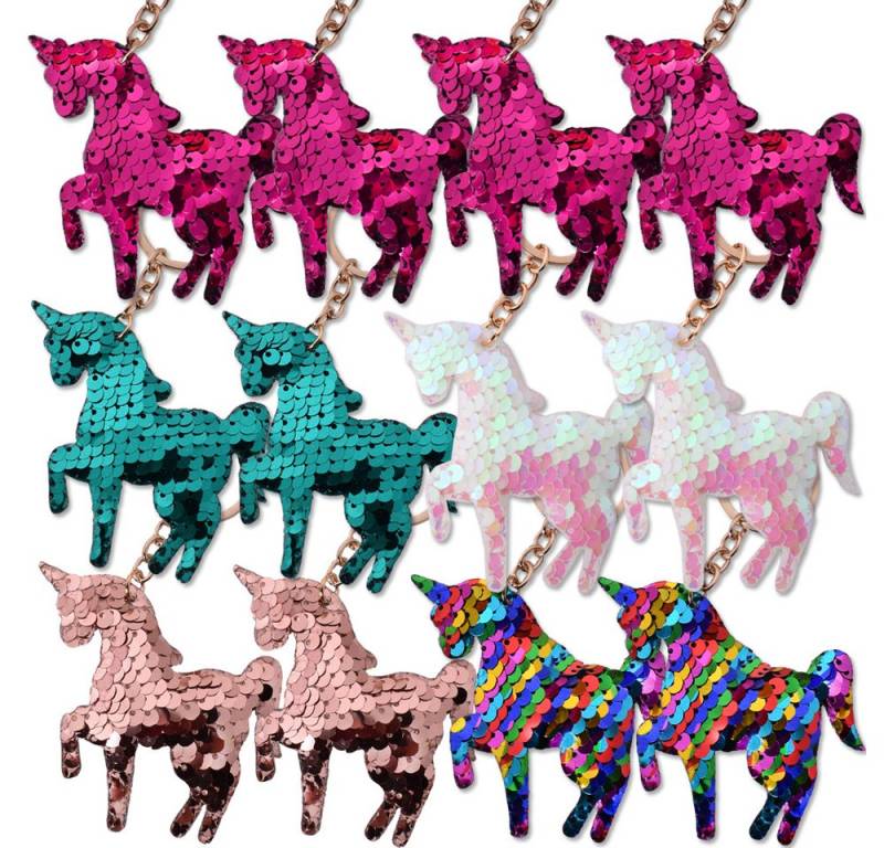 TE-Trend Schlüsselanhänger Set 12 Stück Einhorn Pferd Glitzer Pailletten Keychain Mädchen (12-tlg., 5-fach sortiert), mit Kette und Schlüsselring von TE-Trend