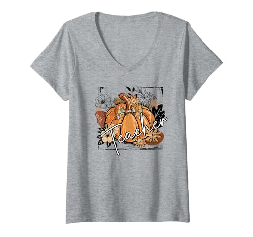 Damen Lehrer Kürbis Herbst Vibes Halloween Blätter Floral School T-Shirt mit V-Ausschnitt Damen Lehrer Kürbis Herbst Vibes Halloween Blätter Floral School T-Shirt mit V-Ausschnitt von TEACHER TEES CO