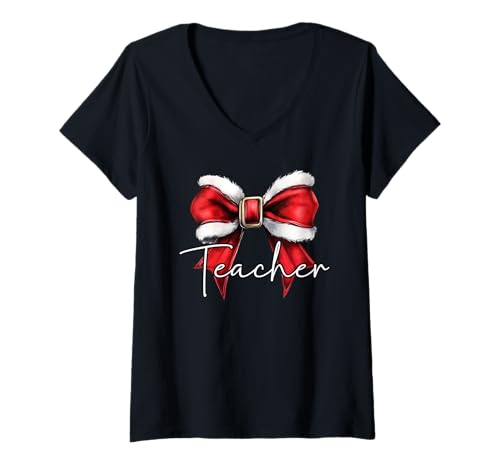 Damen Lehrer Merry Christmas Santa Bow School Spirit Maskottchen T-Shirt mit V-Ausschnitt Damen Lehrer Merry Christmas Santa Bow School Spirit Maskottchen T-Shirt mit V-Ausschnitt von TEACHER TEES CO