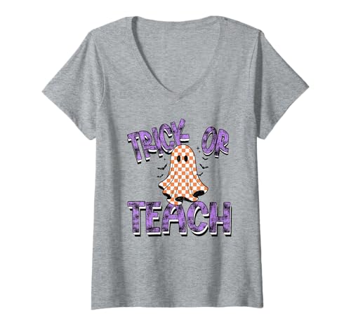 Damen Trick or Teach Ghost Karierter Druck Halloween Lehrer T-Shirt mit V-Ausschnitt von TEACHER TEES CO