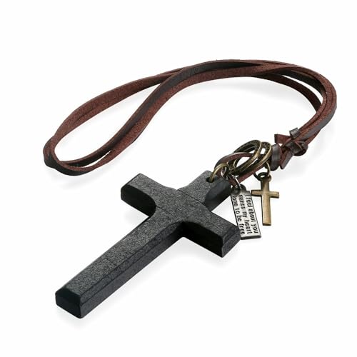 TEAFIRST Vintage Holz Kreuz Anhänger Leder Seil Halskette verstellbar für Männer Frauen, 80cm, Edelstahl, Nicht zutreffend von TEAFIRST