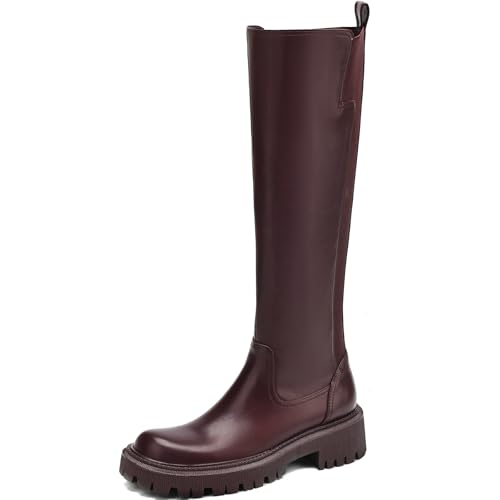TEAIEUI Damen Kniehohe Stiefel Mode Plateau Stollensohle Hohe Reitstiefel Bequem Stretch Wadenkleid Lange Stiefel, Burgunder, 38 EU von TEAIEUI