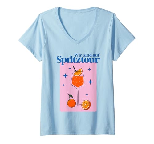 Damen WIR SIND AUF SPRITZTOUR - HALLÖCHEN APERÖLCHEN. SPRITZ STARS T-Shirt mit V-Ausschnitt von TEAM SPRITZ - APEROLLIN SPRITZ CLUB DESIGN FASHION