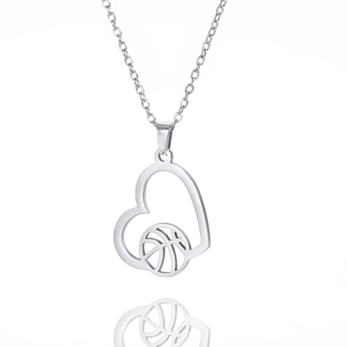 TEAMER Basketball-Halskette, Herz-Basketball-Sport-Anhänger, Edelstahl, einzigartiger Schmuck für Basketball-Liebhaber (Herz-Basketball - Halskette - Silber) von TEAMER