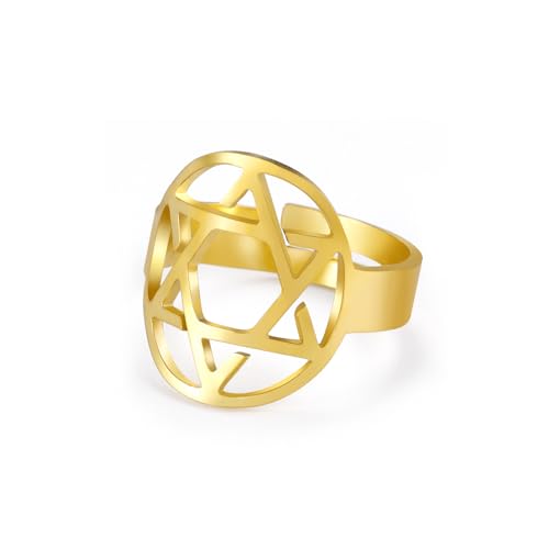 TEAMER Davidstern-Ring aus Edelstahl, verstellbar, Vintage-Fingerring, jüdischer Magen-Amulett-Schmuck für Frauen (Stil 2 – Gold) von TEAMER