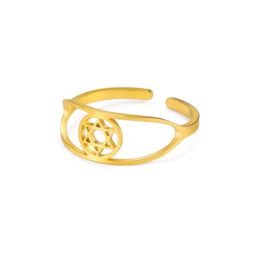 TEAMER Davidstern-Ring aus Edelstahl, verstellbar, Vintage-Fingerring, jüdischer Magen-Amulett-Schmuck für Frauen (Stil 3 – Gold) von TEAMER