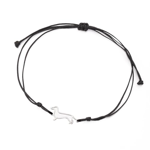 TEAMER Deliacte Dackel Armband Wurst Hund Wachs Seil Kettenarmband Edelstahl Dackel Liebhaber Haustier Tierschmuck für Frauen Männer (Silber - Schwarz) von TEAMER