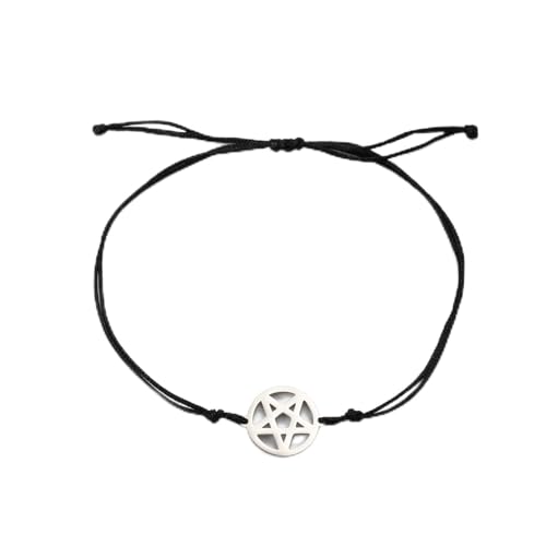 TEAMER Dreifach Mond Göttin Kette Armband Pentagramm Wachs Seil Armband Edelstahl Pentakel Pentagramm Wiccan Charme Hexe Schmuck für Frauen (Pentagramm - Wachsseil - Schwarz - Silber) von TEAMER