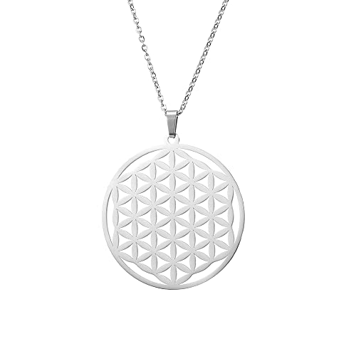 TEAMER Edelstahl Blume des Lebens Halskette Anhänger vergoldet Kette Schmuck Geometrie Zubehör Amulett Schmuck (Stil 1 - Silber) von TEAMER